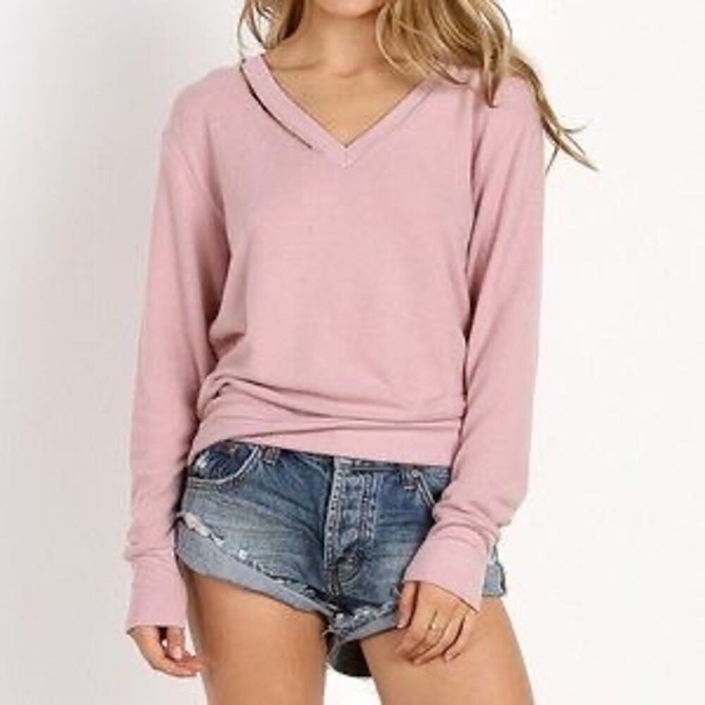 LNA Cutout Sweater Sz S Gray V Neck Soft Knit Pullover Minimal NWT Model Of Duty